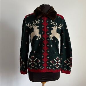 VTG Ralph Lauren reindeer hand knit wool sweater cardigan w/ faux fur collar
